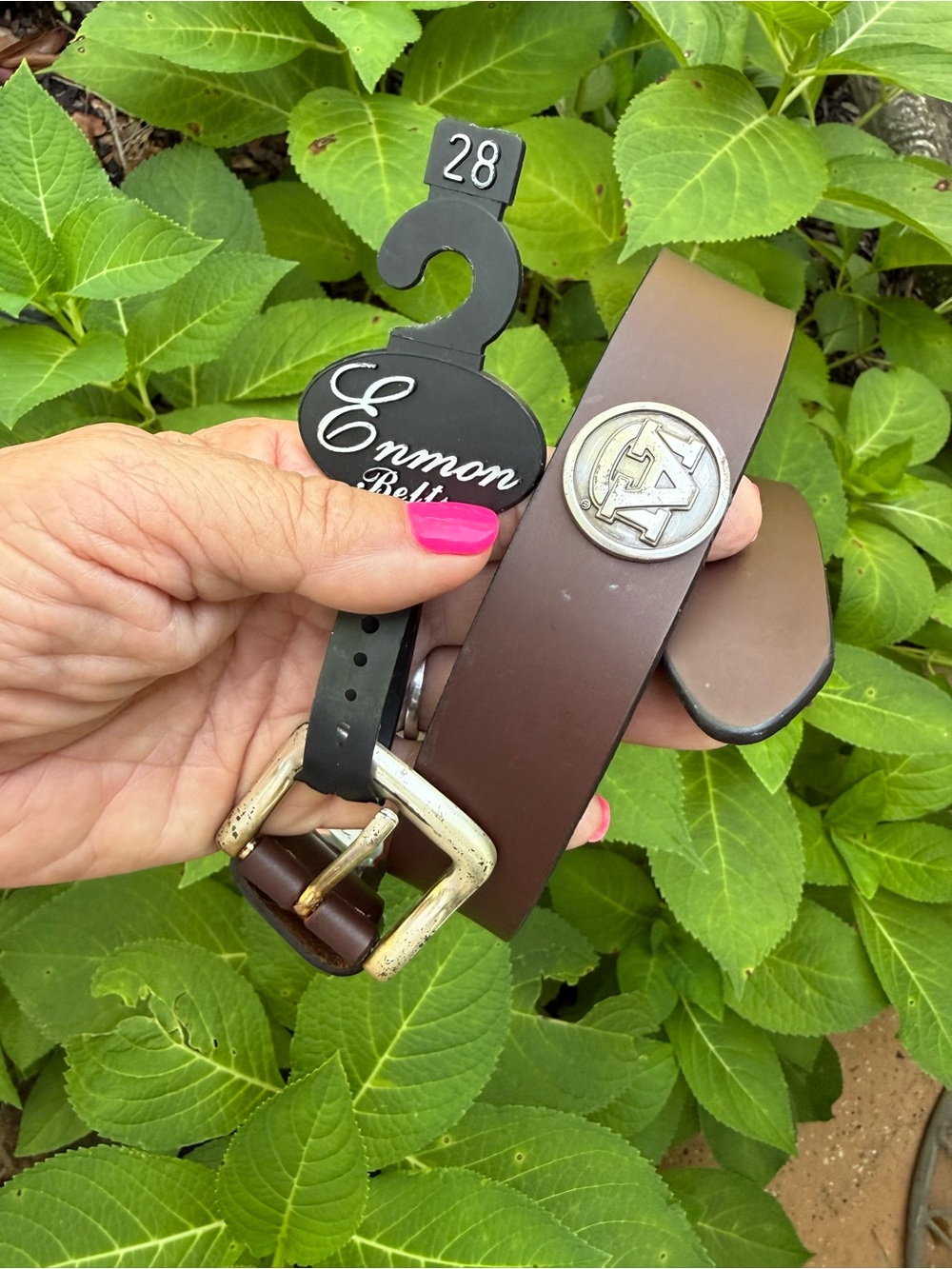 Brown Leather Men’s Belt with Brushed Silver Crest